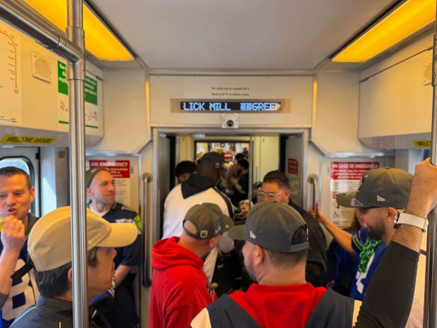 Noon: VTA light rail trains headed to Levi's from downtown San Jose are packed and running three-car trains every 10-20 minutes. There seem to be more Seahawks fans but a group of New England fans boarded at the Bonaventura station in North San Jose. (Sal Pizarro/Bay Area News Group)