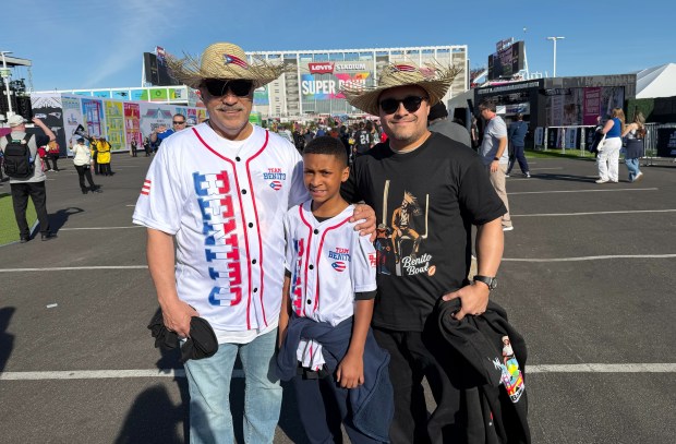 Angel Rodriguez traveled with his son and grandson across the country to the Super Bowl just to see Bad Bunny's half time performance. "We simply came because of bad bunny. That's it. We don't care about the Patriots. We don't care about Seahawks," he said. "We love his stance on all things cultural and his stance on immigration. … We're Puerto Rican. He's Puerto Rican, so it's not our problem. Nevertheless, he has taken a strong position, and we feel the same way." Super Bowl 60 at Levi's Stadium in Santa Clara, Calif., on Sunday, Feb. 8, 2026. (Caelyn Pender/Bay Area News Group)
