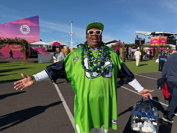 Derek Fant, a Seahawks fan, was decked out in green and blue beads. "I'm excited. I'm stoked. Once it's like a lifetime experience, and this is my first. I've been a seasoned ticket holder for 23 years, but I've never been able to go inside the Super Bowl," Fant said outside Levi's Stadium for Super Bowl 60 in Santa Clara, Calif., on Sunday, Feb. 8, 2026. (Caelyn Pender/Bay Area News Group)