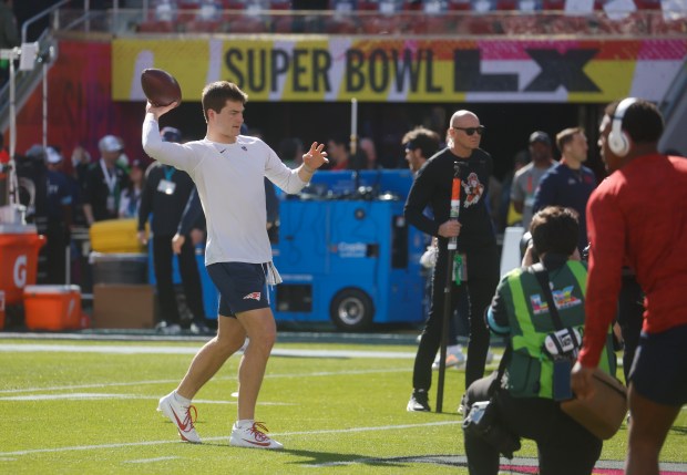 New England patriot's quarterback Drake Maye warms up on the field pregame at Super Bowl 60 at Levi's Stadium in Santa Clara, Calif., on Sunday, Feb. 8, 2026. (Nhat V. Meyer/Bay Area News Group)