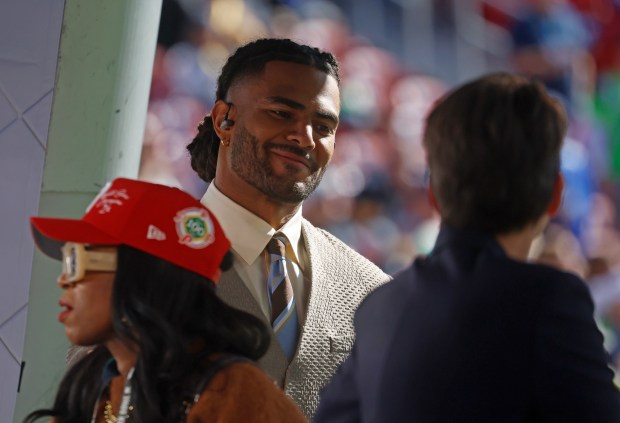 Fred Warner makes an appearance on the sidelines at Super Bowl 60 at Levi's Stadium in Santa Clara, Calif., on Sunday, Feb. 8, 2026. (Nhat V. Meyer/Bay Area News Group)