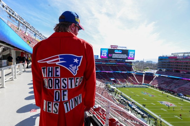 New England Patriots fan Tucker Gorman, of Boulder Creek, wears his custom-designed jacket before Super Bowl 60 against the Seattle Seahawks at Levi's Stadium in Santa Clara, Calif., on Sunday, Feb. 8, 2026. (Ray Chavez/Bay Area News Group)