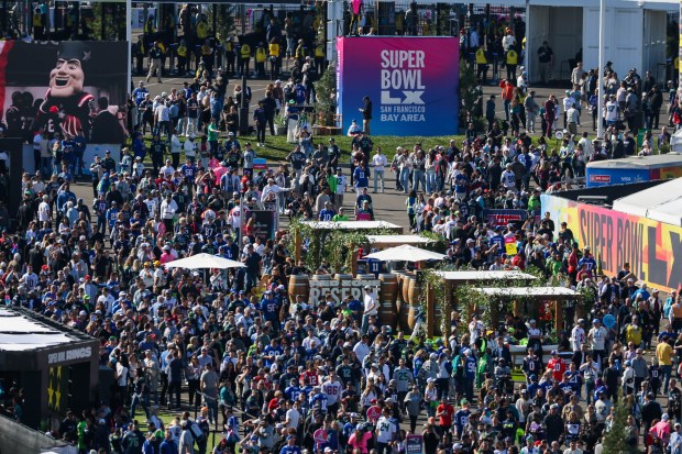 Fans arrive for Super Bowl 60 between the Seattle Seahawks and the New England Patriots at Levi's Stadium in Santa Clara, Calif., on Sunday, Feb. 8, 2026. (Ray Chavez/Bay Area News Group)