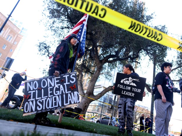 Community members take part in an immigrant rights rally at Cesar Chavez Park on Monday, Feb. 2, 2026, in San Jose, Calif. (Aric Crabb/Bay Area News Group)