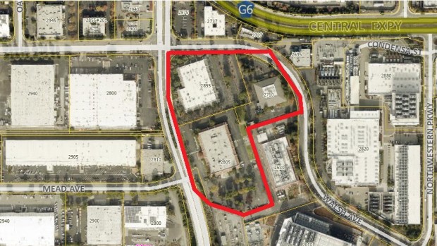 Three office and research buildings with addresses of 2805 and 2855 Bowers Avenue, and 2710 Walsh Avenue, shown within the outline. Boundaries are approximate.(SCCMap)