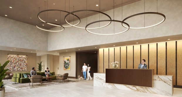 Lobby area of one of the housing towers at 188 West St. James Street in downtown San Jose, concept image.(Steinberg Hart)