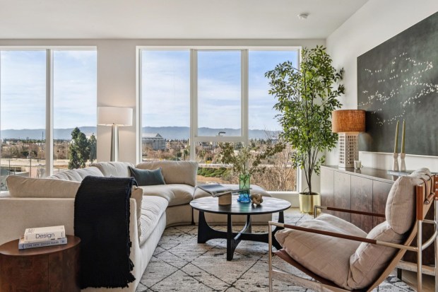 Interior of a condo in one of the 188 West St. James towers at 188 West St. James Street in downtown San Jose, with a view looking towards SAP Center.(Open Homes)