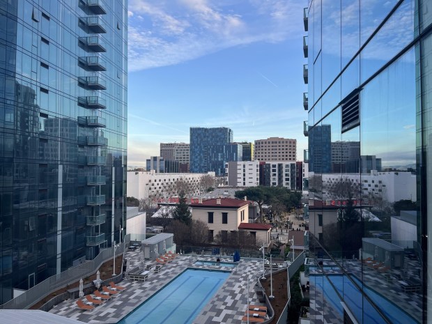 Downtown San Jose and the pool deck of the 188 West St. James residential towers complex, looking south towards San Pedro Square, as seen on Feb. 25, 2026.(George Avalos/Bay Area News Group)