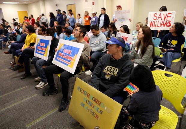Community members attend a meeting at the San Jose Unified School District headquarters in San Jose, Calif., on Tuesday, Feb. 10, 2026. Under the district's "Schools of Tomorrow" initiative to tackle declining enrollment, up to nine elementary schools could close by the beginning of the 2026-27 school year. (Jane Tyska/Bay Area News Group)