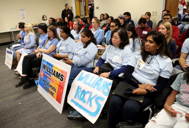 Community members attend a meeting at the San Jose Unified School District headquarters in San Jose, Calif., on Tuesday, Feb. 10, 2026. Under the district's "Schools of Tomorrow" initiative to tackle declining enrollment, up to nine elementary schools could close by the beginning of the 2026-27 school year. (Jane Tyska/Bay Area News Group)