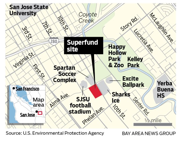 Map showing the location of the former Lorentz Barrel and Drum Co. property, on the corner of Alma Avenue and 10th Street in San Jose.