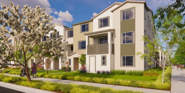 Street-level view of townhomes in Sunnyvale Park Place at 510 and 920 De Guigne Drive in Sunnyvale, concept image.(WHA Architects)