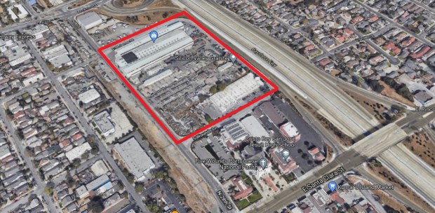 Sites bounded by Five Wounds Lane, North 28th Street, East St. James Street and North 30th Street, that are the site of a future BART station east of downtown San Jose, marked by the lines. Boundaries are approximate. ( Google Maps )