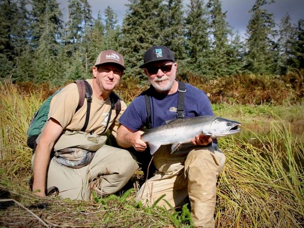 Santa Cruz anglers Mike Baxter, left, and Allen Bushnell caught dozens of dime-bright silver salmon on Lower Tawah Creek in Yakutat, Alaska, in 2015. (Contributed)