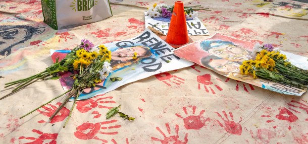 At the demonstration at the Capitol building, students created a memorial for Renee Nicole Good and Alex Pretti, two American citizens from Minneapolis who were shot and killed by federal immigration officers while protesting immigration raids earlier this month. Russell Stiger II, OBSERVER