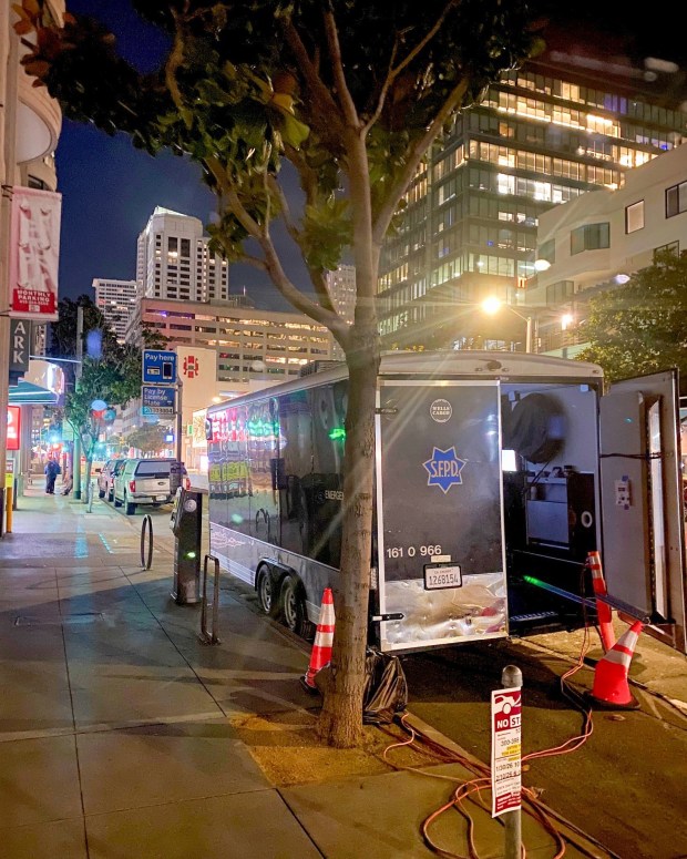 HCSO Deputy Melendy and Corporal Cumbow worked at a checkpoint to the East of the Moscone Center in downtown San Francisco. (HCSO/Contributed)