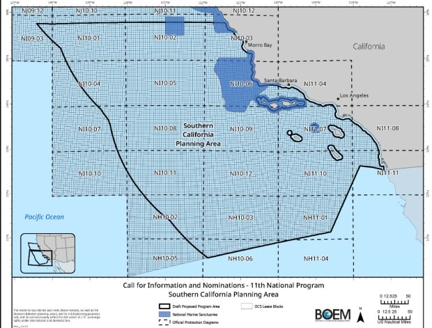 The map of the Southern California Planning Area for potential expanded offshore oil and gas leasing activities. (Bureau of Ocean Energy Management)