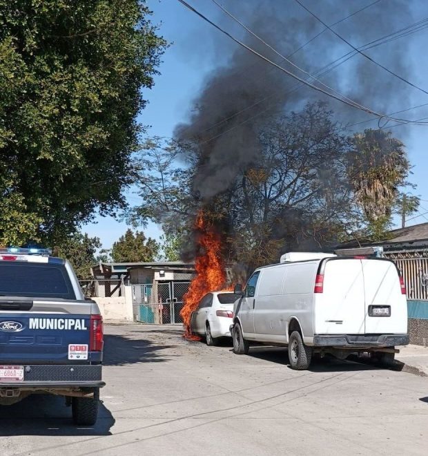 A vehicle burns in Tijuana on Feb. 22. (Tijuana Public Safety Secretariat)