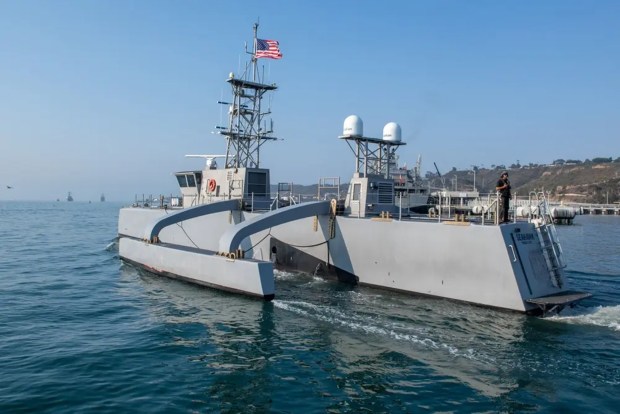 Seahawk, a Medium Unmanned Surface Vessel (MUSV) prototype, departs Naval Base Point Loma, California, Aug. 6, 2025. (U.S. Navy)