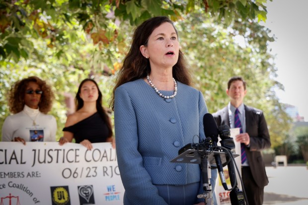 Attorney Gay Grunfeld speaks at a press conference outside the federal courthouse in downtown San Diego on Thursday, July 24, 2025. (Sandy Huffaker for The San Diego Union-Tribune)