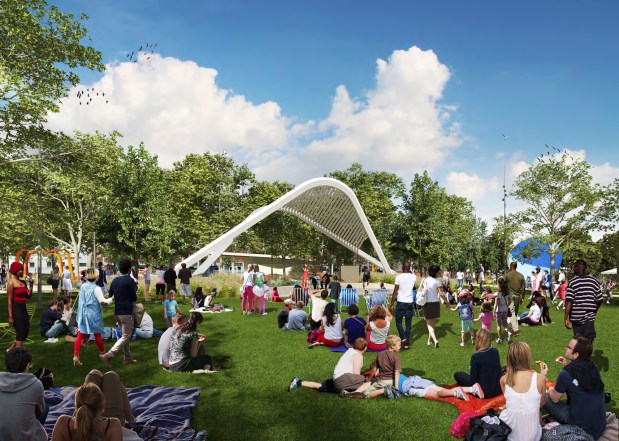 A rendering of East Village Green's performance pavilion, which is just north of the park's event lawn. (City of San Diego)