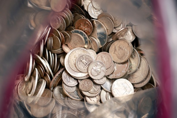San Diego, CA - February 10: A bag of silver coins brought in by customers is shown at Gold Refinery of San Diego on February 10, 2026 in San Diego, CA. (K.C. Alfred / The San Diego Union-Tribune)