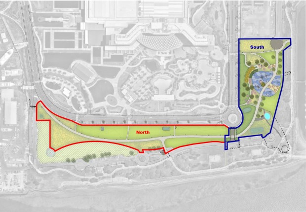 Harbor Park will be developed in two phases, starting with the $15-million south phase. The port has yet to identify funding for the north phase, which will include a beach and boat launch. (Port of San Diego)