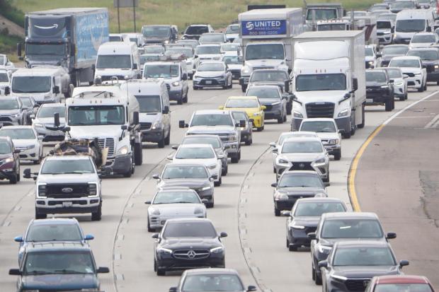 Traffic are shut down after a police pursuit ended with crash near Miramar Way exit on I-15 northbound on Tuesday, Feb. 10, 2026 in San Diego, CA. (Michael Ho / For The San Diego Union-Tribune)