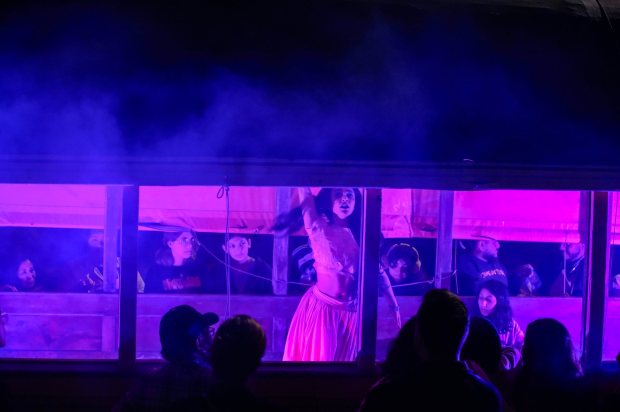 La Llorona on the Blue Line is a immersive play that unfolds aboard San Diego's Blue Line trolley, interweaving haunting stories across three eras: 1920, 1946, and 1982. Each story is set aboard vintage trains at the National City Depot, inviting audiences to experience how the past lingers in unexpected ways. Photo from preview night in National City on 06.04.25, in San Diego, California. (Alejandro Tamayo / The San Diego Union-Tribune)