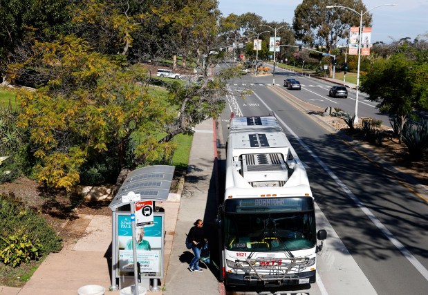 A woman boards an MTS bus on Park Boulevard next to Balboa Park on Feb. 5, 2026, in San Diego. (K.C. Alfred / The San Diego Union-Tribune)