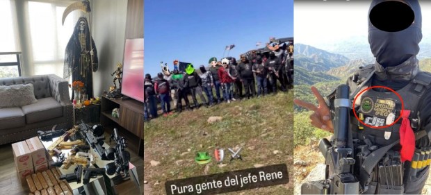 Images from the investigation of René "La Rana" Arzate. From left: A Santa Muerte figure stands in a home overlooking weapons and drugs allegedly linked to Arzate; heavily armed cartel fighters allegedly loyal to Arzate; an armed fighter wears a patch identifying himself as a member of a special forces group loyal to Arzate and Ismael "El Mayo" Zambada. (U.S. Attorney's Office for the Southern District of California via U.S. District Court filing)