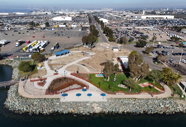Construction continues on Pepper Park along the San Diego Bay waterfront in late December in National City. (K.C. Alfred / The San Diego Union-Tribune)