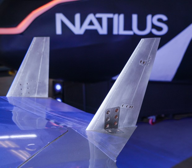 SAN DIEGO, CA - FEBRUARY 13: A 1/10th scale model used for wind tunnel testing named, Kona, being developed by the start-up Natilus. It's an aircraft with the capability to also be piloted from the ground. The first version, Kona, will be used for cargo delivery. They are also developing a version called Horizon to transport passengers. Photographed Friday February 13, 2026, at Brown Field Airport in Otay Mesa, in San Diego, California. (Howard Lipin / For The San Diego Union-Tribune)