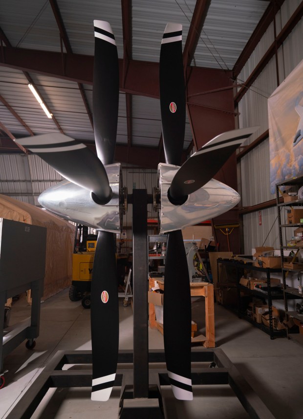 SAN DIEGO, CA - FEBRUARY 13: The propellers that will be used on the unmanned aircraft being developed by the start-up Natilus. The unmanned aircraft also has the capability to be piloted from the ground, and the first version is called Kona. They are also developing a version called Horizon to transport passengers. Photographed Friday February 13, 2026, at Brown Field Airport in Otay Mesa, in San Diego, California. (Howard Lipin / For The San Diego Union-Tribune)