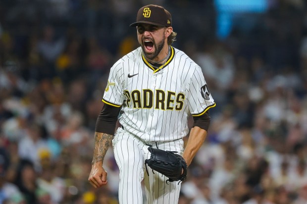 David Morgan #66 of the San Diego Padres reacts after striking out Ryan Mountcastle #6 of the Baltimore Orioles during the sixth inning at Petco Park on Tuesday, Sept. 2, 2025 in San Diego, CA. (Meg McLaughlin / The San Diego Union-Tribune)