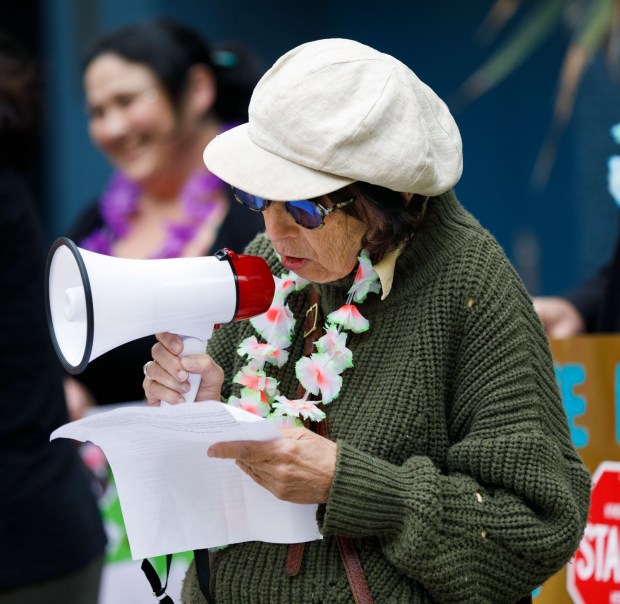 Attorney Ann Menasche speaks to members of the media during a rally against tickets RV owners have received at Civic Center Plaza in downtown San Diego on Tuesday, Feb. 10, 2026 in San Diego. (Kristian Carreon / The San Diego Union-Tribune)