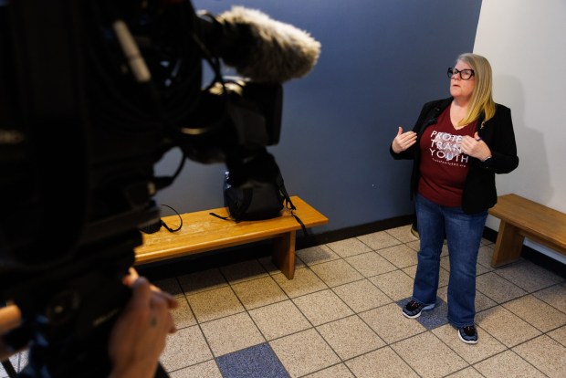 Kathie Moehlig, executive director of TransFamily Support Services, speaks to members of the media after an ex parte hearing on Rady Children's Hospital gender-affirming care at San Diego Central Court in downtown San Diego on Wednesday, February. 11 2026 in San Diego. (Kristian Carreon / The San Diego Union-Tribune)