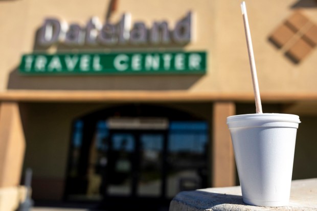 Gila Bend, Ariz. - February 09: A Date Shake outside the Dateland Travel Center on Monday, Feb. 9, 2026 in Gila Bend, Ariz.. (Meg McLaughlin / The San Diego Union-Tribune)