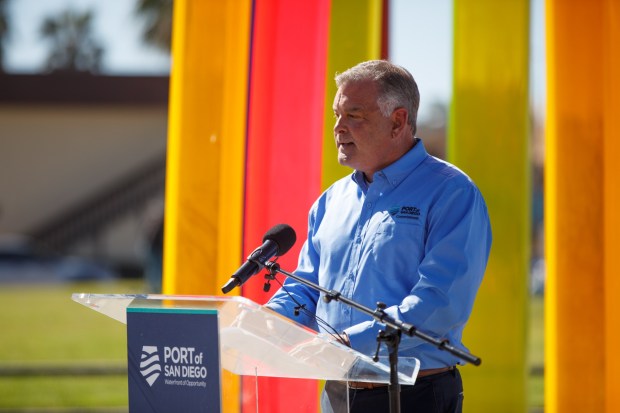 Dan Malcolm, Imperial Beach appointee to the Port of San Diego Board of Port Commissioners, speaks during a groundbreaking ceremony for the future "splash pad" in Imperial Beach on Wednesday, Feb. 25, 2026. The splash pad will include arched water jets, updated sidewalks and accessible showers. Construction is expected to complete by the end of the year. (Kristian Carreon / The San Diego Union-Tribune)