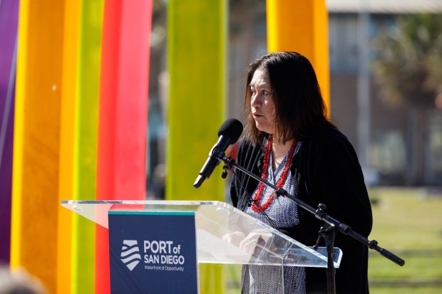 Artist Nicole Marie Pete, whose art will be displayed at the future "splash pad," speaks during a groundbreaking ceremony for the the site at Imperial Beach on Wednesday, Feb. 25, 2026. The splash pad will include arched water jets, updated sidewalks and accessible showers. Construction is expected to complete by the end of the year. (Kristian Carreon / The San Diego Union-Tribune)
