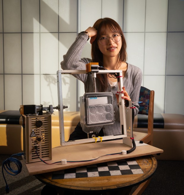 Leanne Fan, photographed at Westview High on Jan. 29, 2026, faced some trial and error in her early efforts to create a clinostat to help simulate microgravity conditions. (Howard Lipin / For The San Diego Union-Tribune)