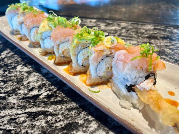 The albacore special from Sushi Lounge in Poway has fried tempera, crab, eel and avocado. (Carlos Rico / The San Diego Union-Tribune)