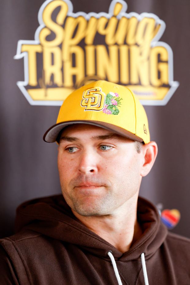 Craig Stammen of the San Diego Padres speaks to the media during spring training workouts at the Peoria Sports Complex on Friday, Feb. 13, 2026 in Peoria, Ariz.. (Meg McLaughlin / The San Diego Union-Tribune)