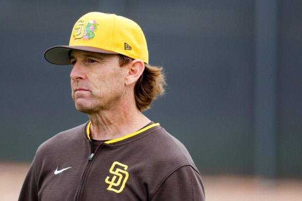 Pete Zamora of the San Diego Padres looks on during spring training workouts at the Peoria Sports Complex on Friday, Feb. 13, 2026 in Peoria, Ariz.. (Meg McLaughlin / The San Diego Union-Tribune)