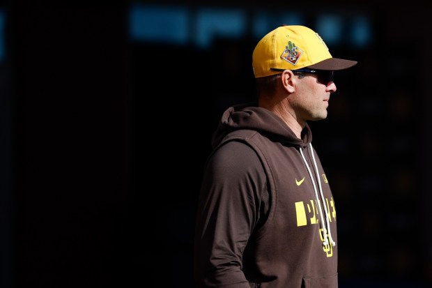 Craig Stammen of the San Diego Padres walks between the fields during spring training workouts at the Peoria Sports Complex on Tuesday, Feb. 17, 2026 in Peoria, Ariz.(Meg McLaughlin / The San Diego Union-Tribune)