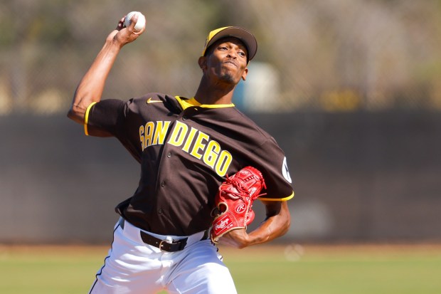 Triston McKenzie #25 of the San Diego Padres pitches during spring training workouts at the Peoria Sports Complex on Thursday, Feb. 12, 2026 in Peoria, Ariz.(Meg McLaughlin / The San Diego Union-Tribune)