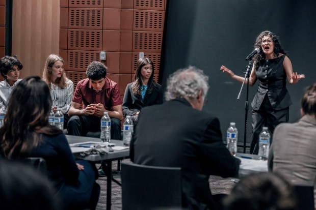 Ixchel Roman Medina recites a poem during Poetry Out Loud on Tuesday, Feb. 3, 2026 at the San Diego Central Library. (Sandy Huffaker for The San Diego Union-Tribune)