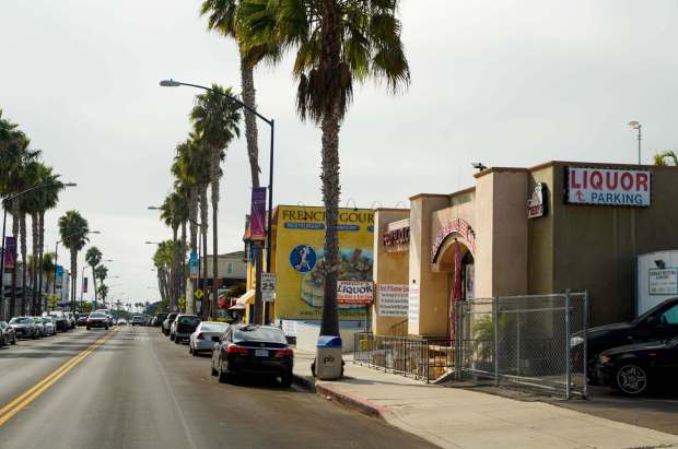 A view of Turquoise Street in Pacific Beach, as pictured on Oct. 9, 2024, where Kalonymus is planning to build a mixed-use tower. The site includes the recently shuttered French Gourmet restaurant and bakery. (Alejandro Tamayo / The San Diego Union-Tribune)