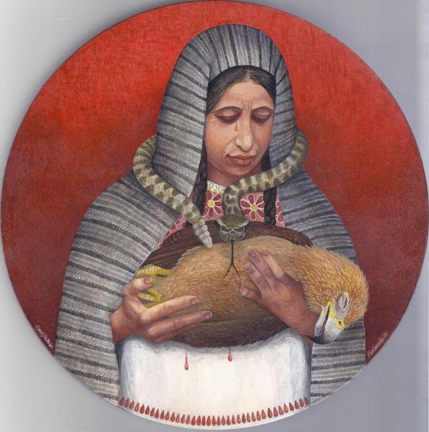 Marianela de la Hoz's "Suave Patria - Sweet Homeland" (2016, egg tempera on board) is part of the Mesa College Art Gallery exhibit "The Politics of Portrayal: Three Generations of Chicana Portraiture in Los Angeles." (Mesa College Art Gallery)
