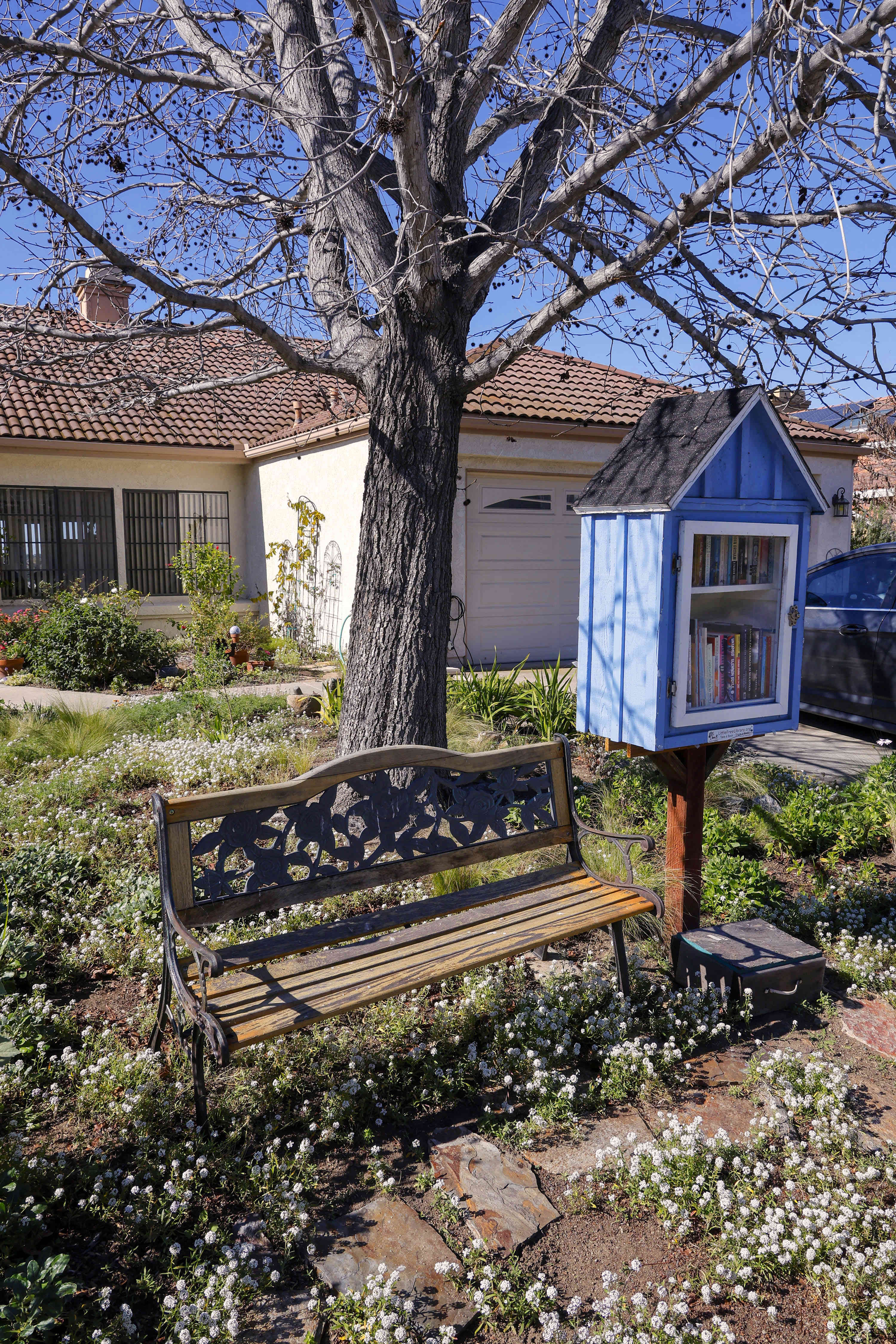 A serve-yourself little free library and bench are along the...